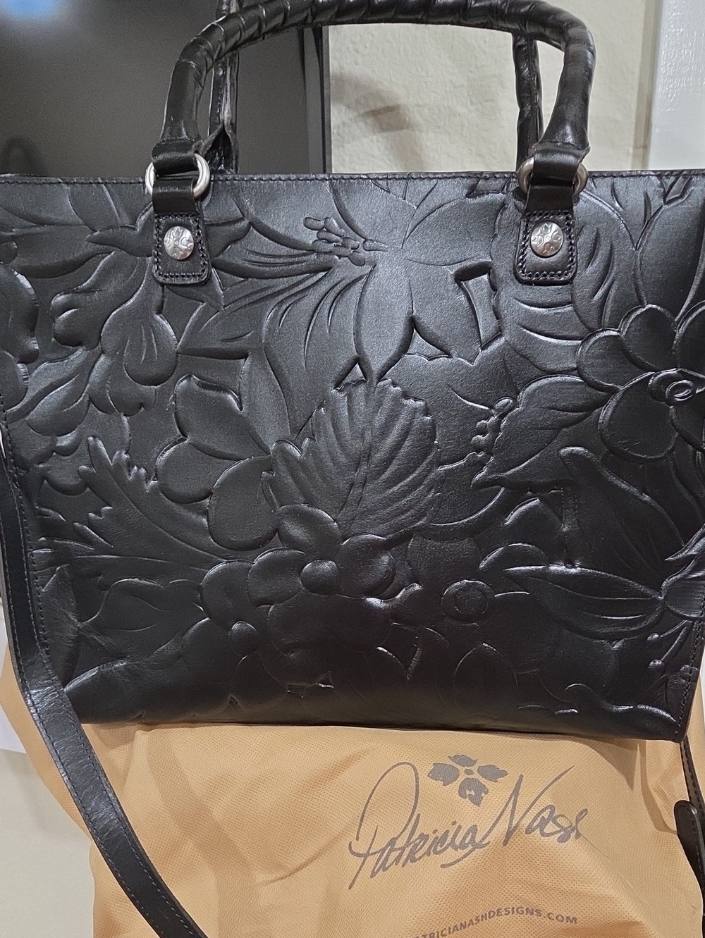 Patricia Nash Black Embossed Floral Leather Tote Extra Large 15x10